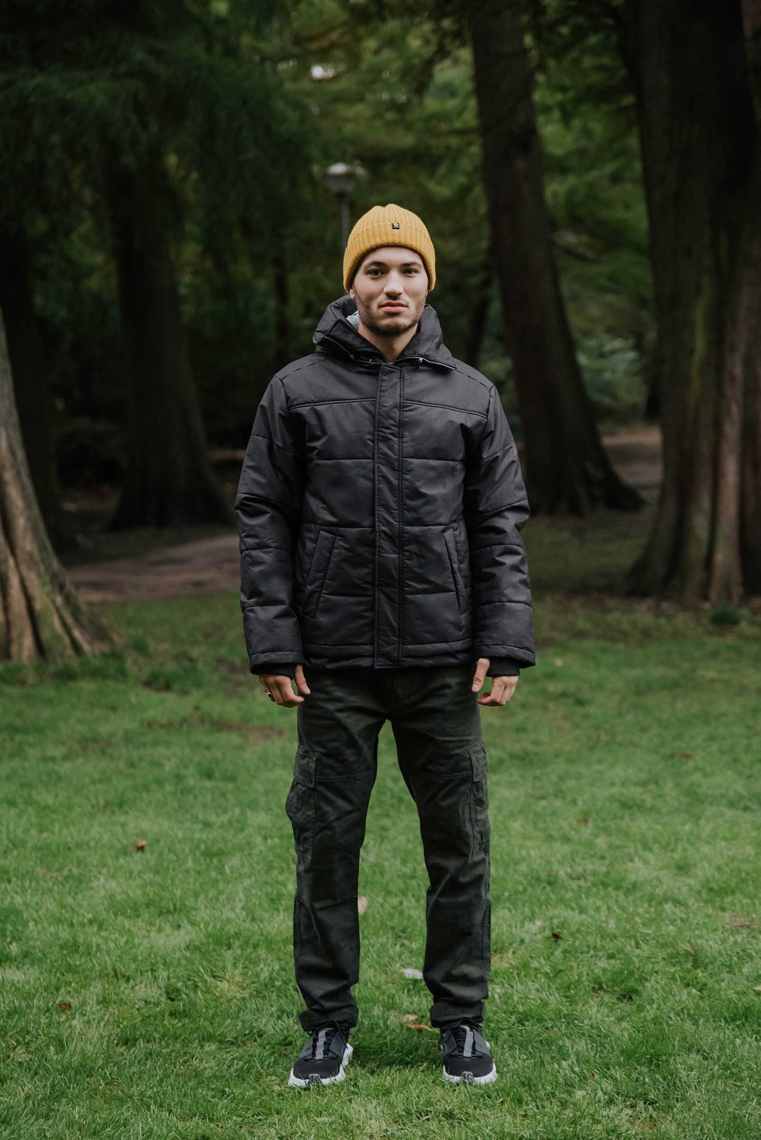 All weather proof sustainable hemp winter jacket, with an adjustable hood, ribbed knit cuffs with thumbholes and zipper windguard to keep the elements out. The soft vegan padding is made from 100% certified recycled plastic bottles, by the innovative Repreve® - Full View