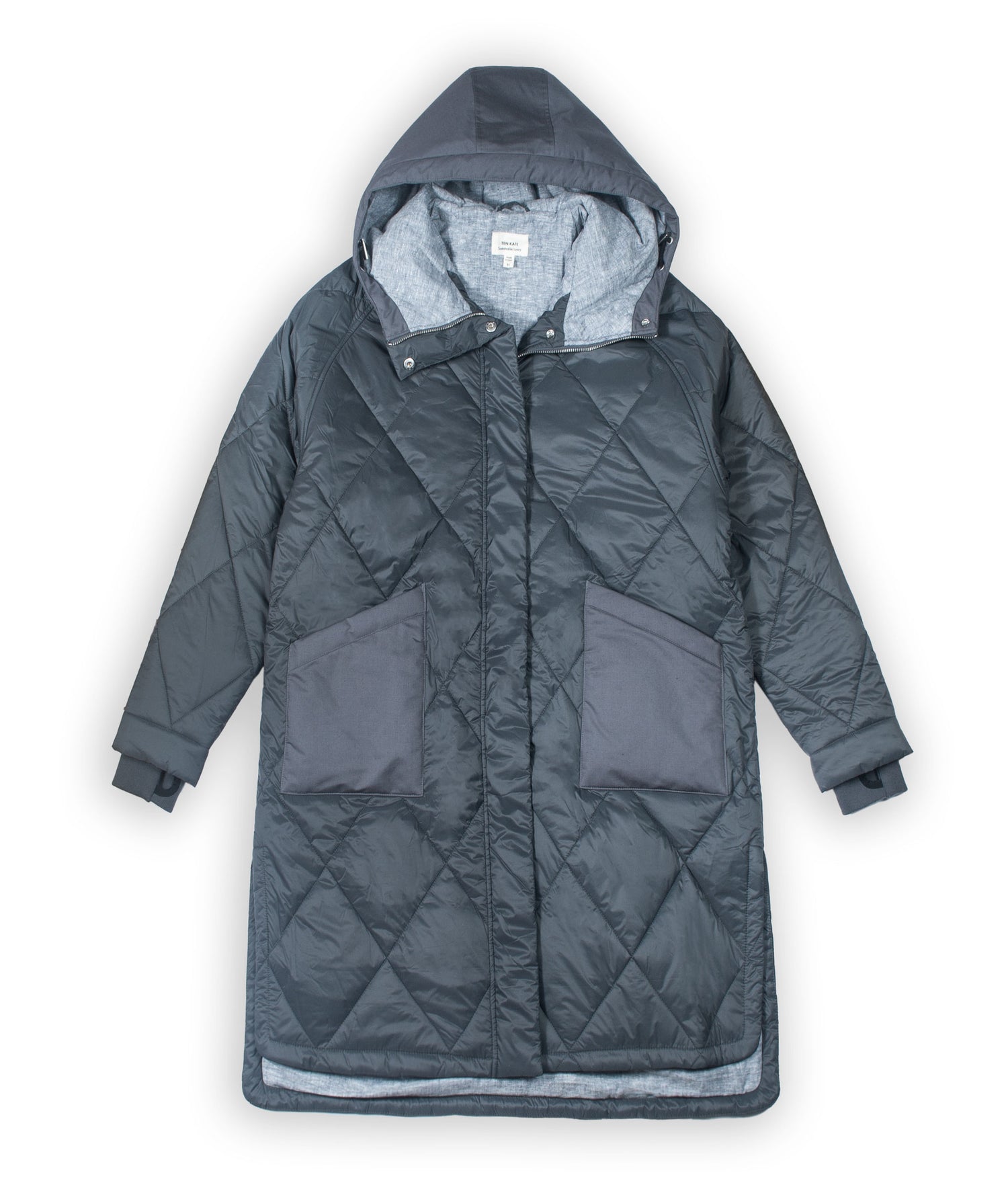 Sustainable cool grey oversized hemp puffer coat made from 100% deadstock fabrics. Featuring a soft lightweight insulation made from certified recycled PET from Repreve® that is 100% vegan and cruelty-free. Full Product View